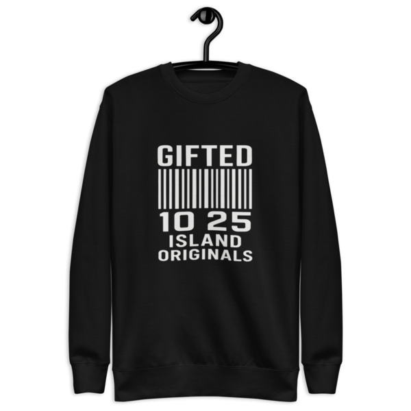 Black sweatshirt with white text on a hanger against a white background