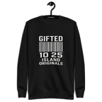 Black sweatshirt with white text on a hanger against a white background