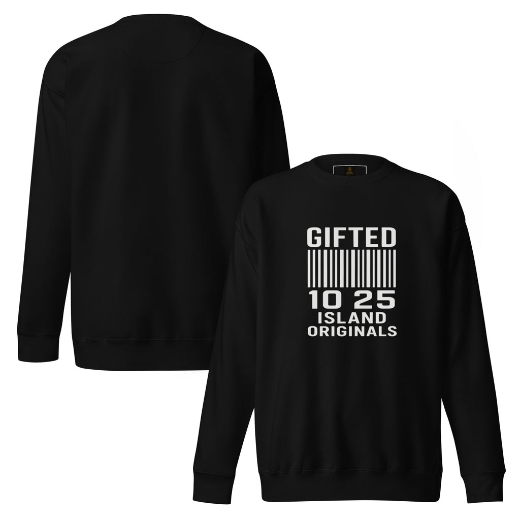 Black sweatshirt with 'GIFTED 10 25 ISLAND ORIGINALS' text on a white background