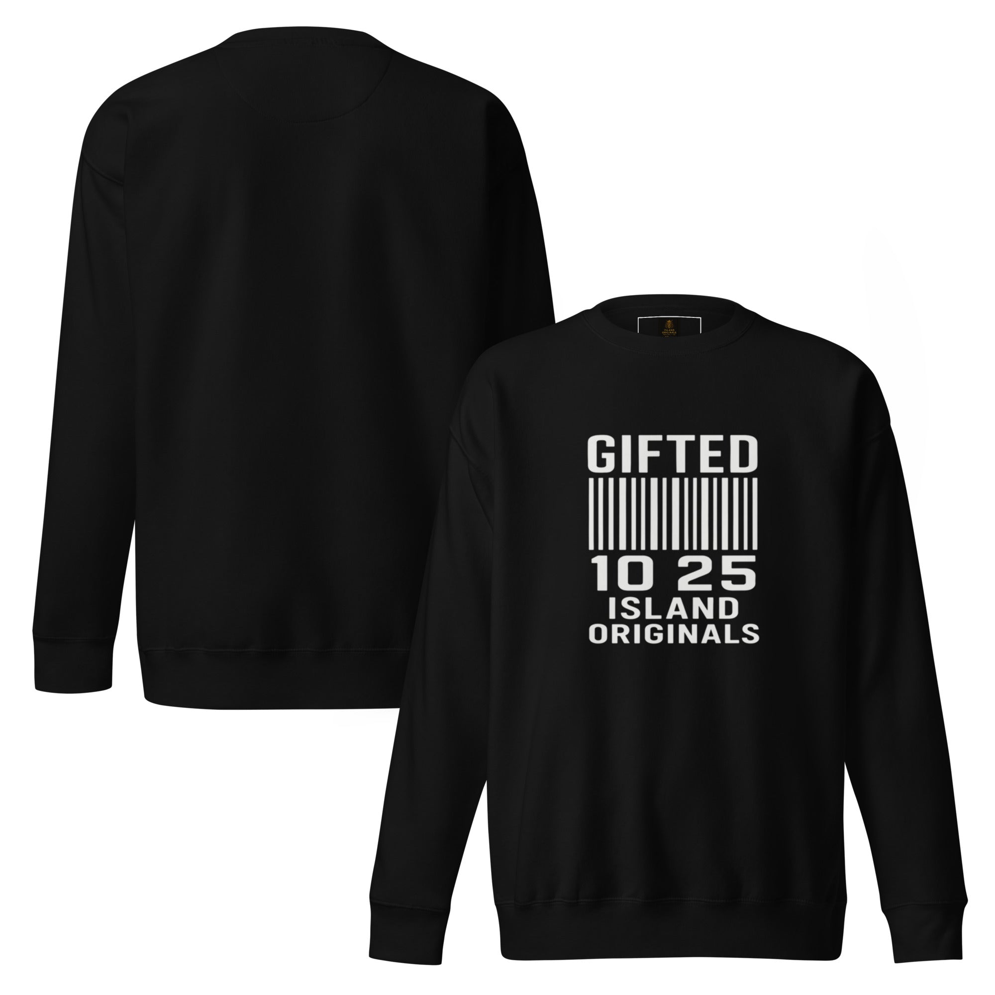 Black sweatshirt with 'GIFTED 10 25 ISLAND ORIGINALS' text on a white background