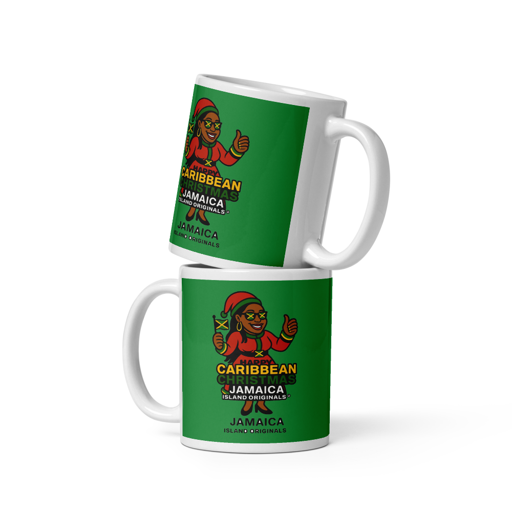 Two mugs with a Jamaican-themed design on a white background