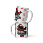 Two white mugs with Caribbean Christmas design featuring a character in a Santa hat and Trinidad and Tobago flag.