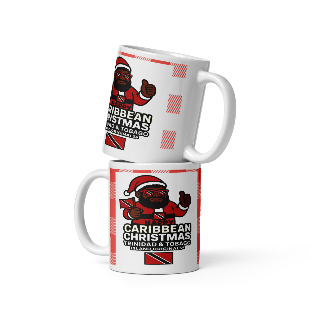 Two white mugs with Caribbean Christmas design featuring a character in a Santa hat and Trinidad and Tobago flag.