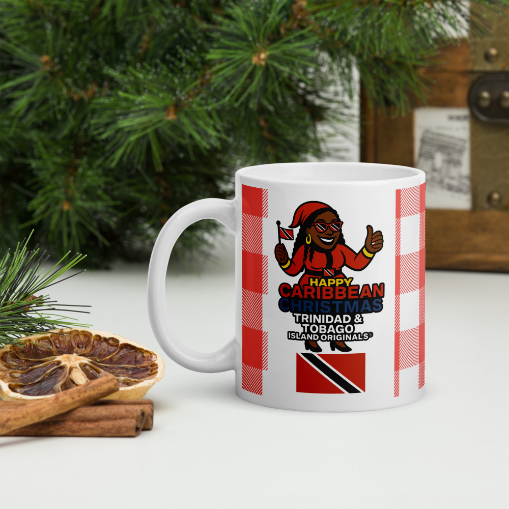 Mug with 'Happy Caribbean Christmas' design featuring a cartoon character and Trinidad and Tobago flag, placed on a surface with decorative elements.