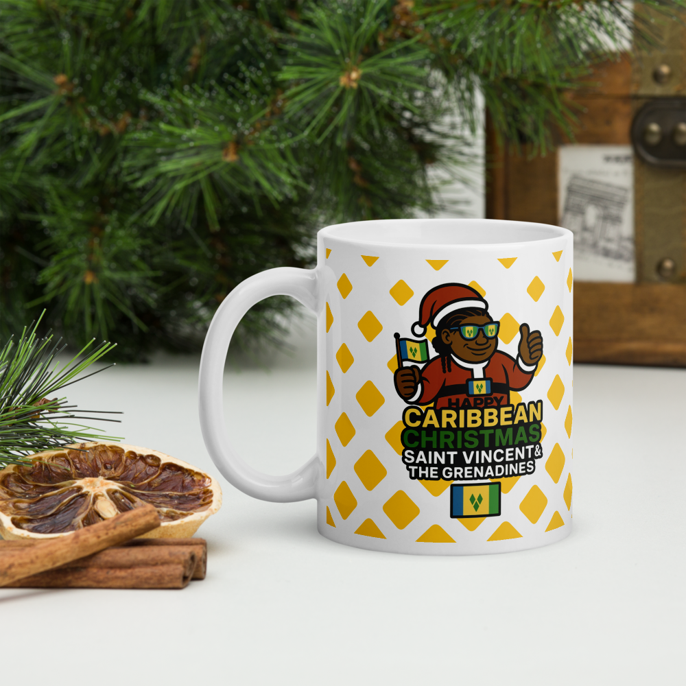 Mug with Caribbean Christmas design featuring a character and text, placed on a surface with decorative elements.