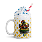 Mug with 'Caribbean Christmas Saint Vincent & The Grenadines' design, topped with whipped cream and a straw.