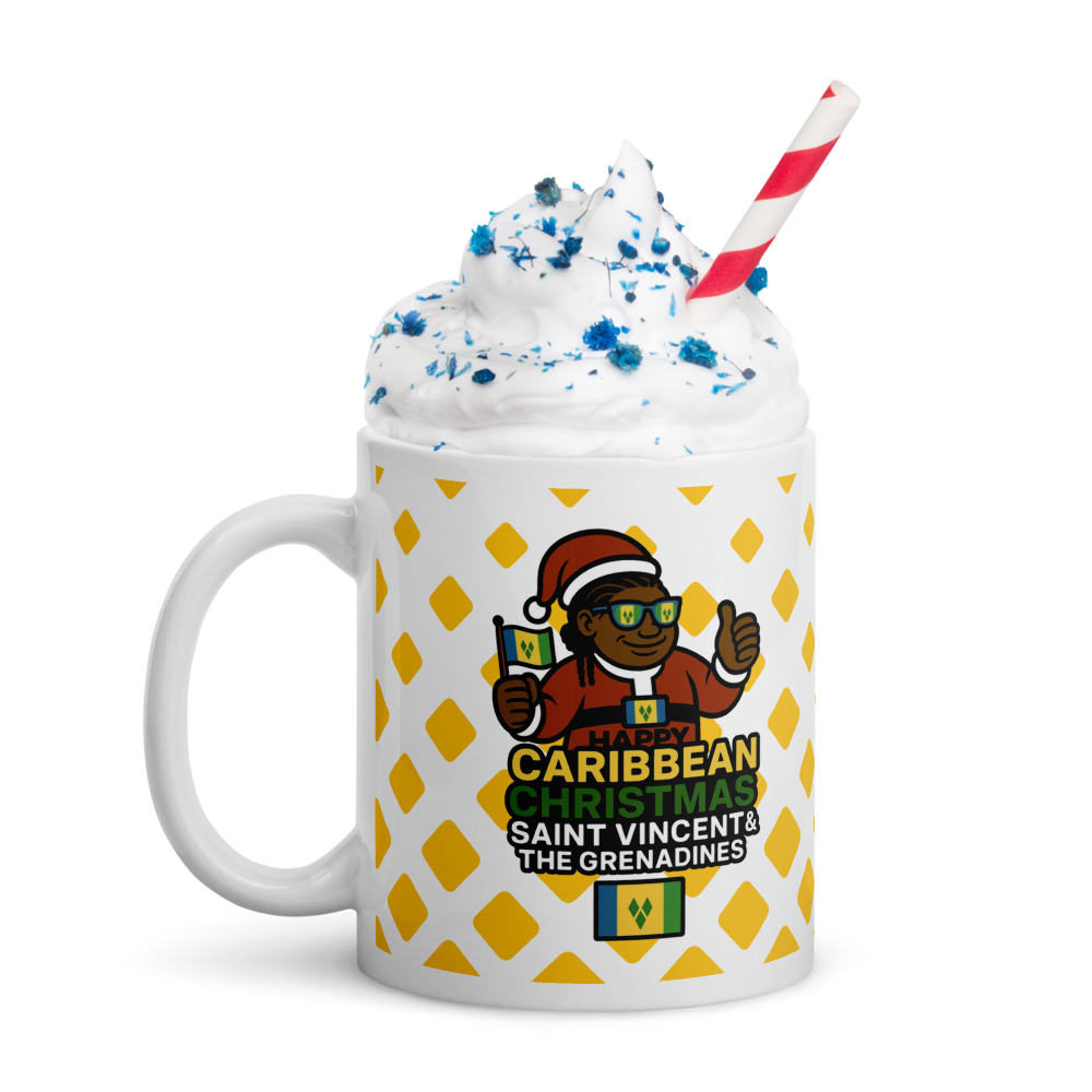 Mug with 'Caribbean Christmas Saint Vincent & The Grenadines' design, topped with whipped cream and a straw.