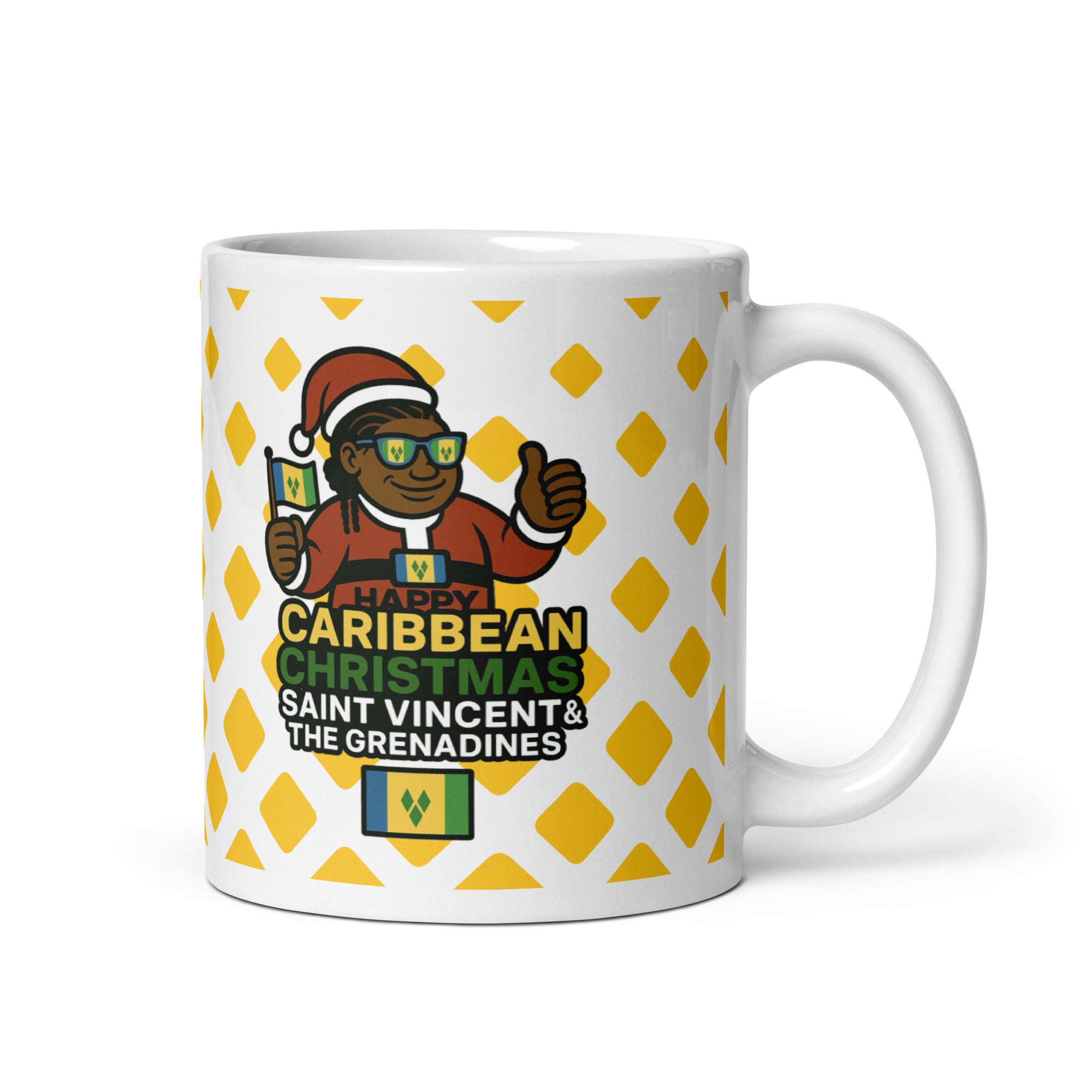 Mug with a festive design featuring a character and text about Caribbean Christmas in Saint Vincent and the Grenadines.