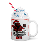 Mug with 'Caribbean Christmas' design featuring a character and text, with whipped cream and a straw on top.