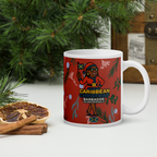 Mug with Caribbean Christmas Barbados design on a white surface with festive decorations.