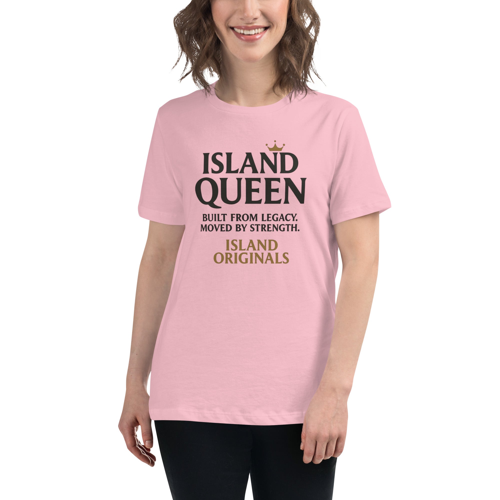 Person wearing a pink t-shirt with 'Island Queen' text on a white background