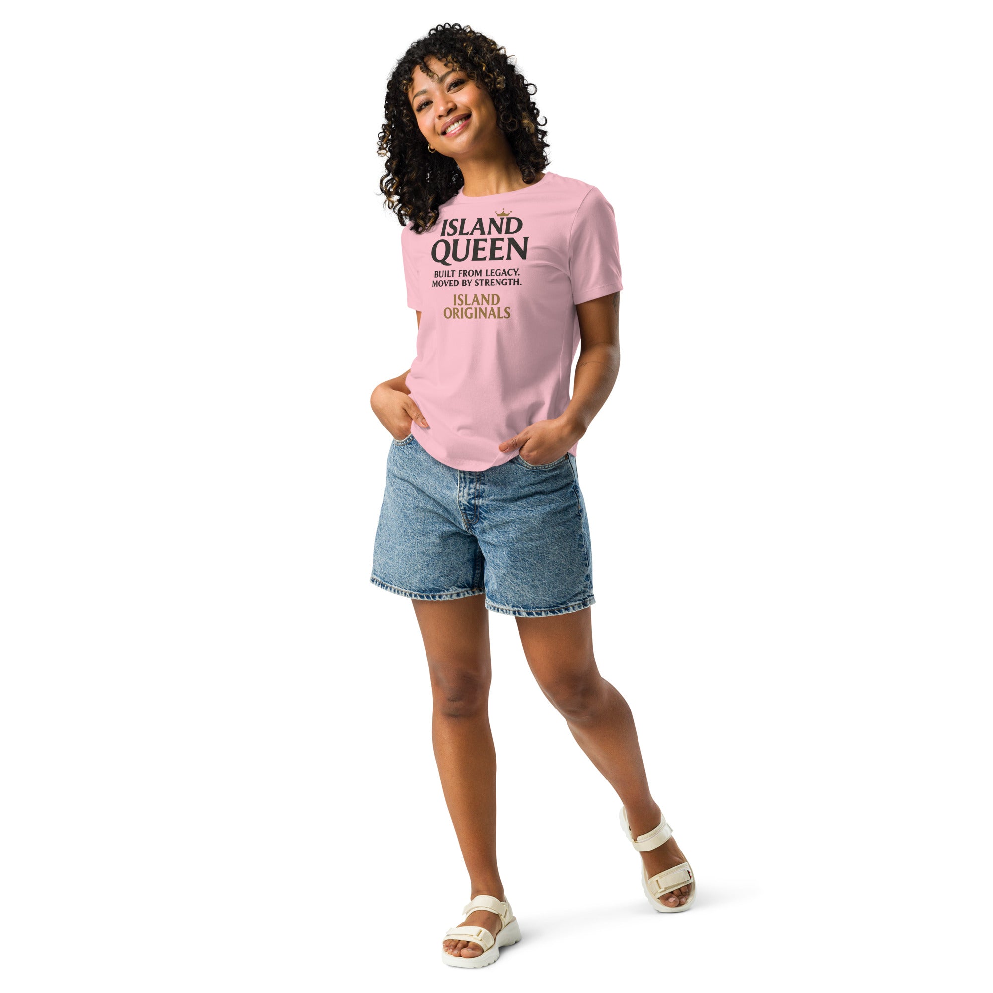 Person wearing a pink 'Island Queen' t-shirt and denim shorts on a white background