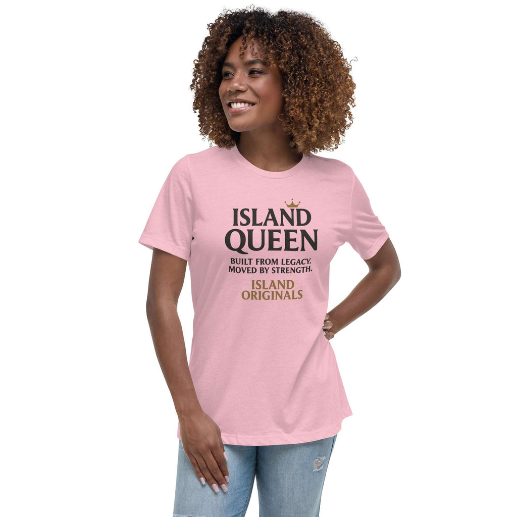 Woman wearing a pink t-shirt with 'Island Queen' text on a white background