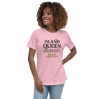 Woman wearing a pink t-shirt with 'Island Queen' text on a white background
