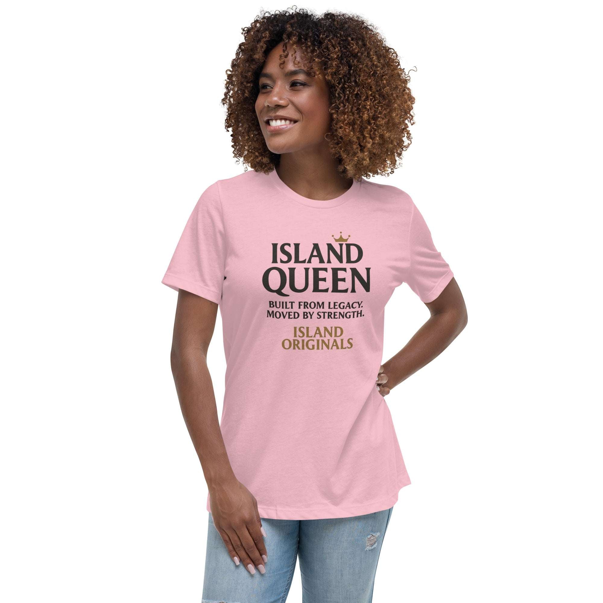 Woman wearing a pink t-shirt with 'Island Queen' text on a white background