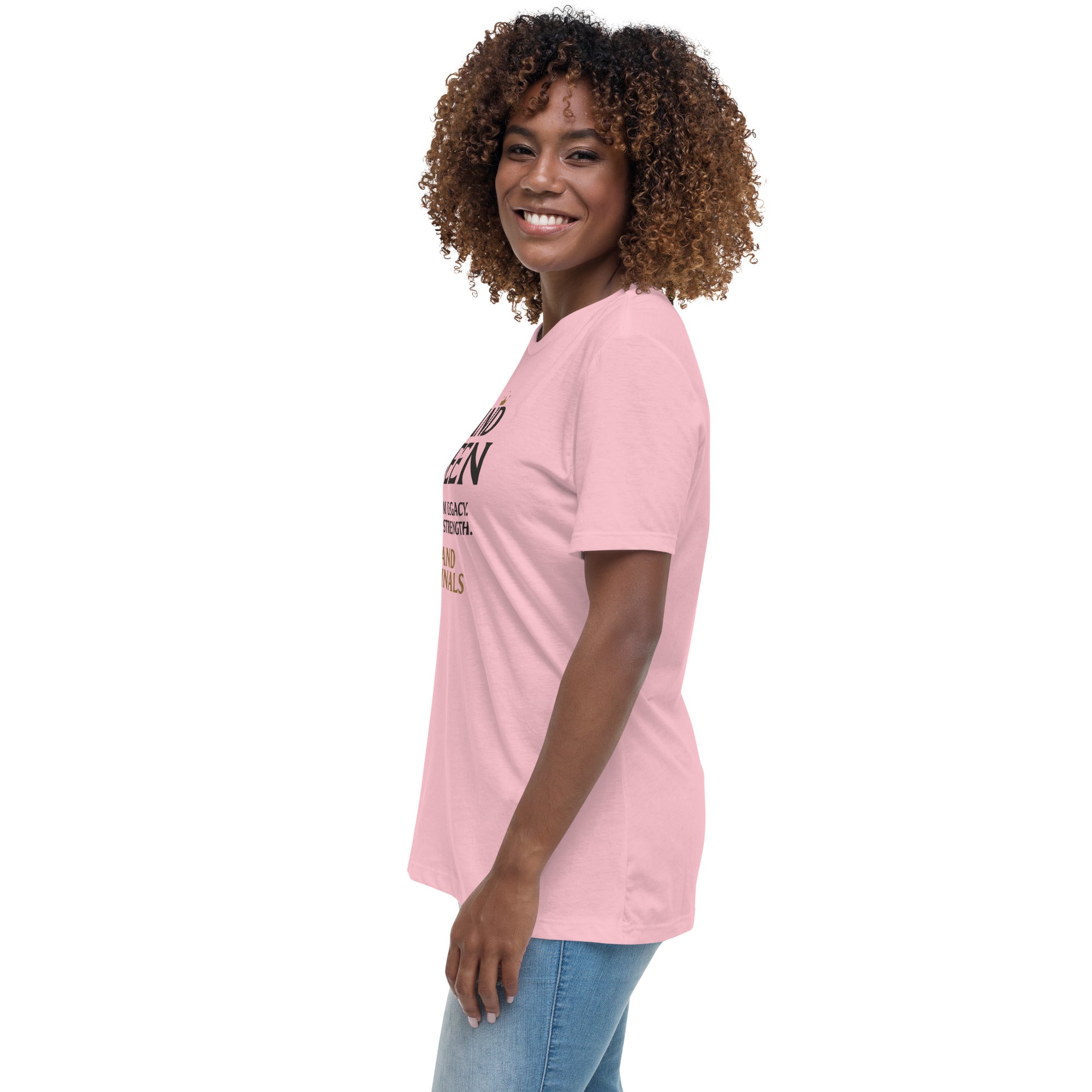 Woman wearing a pink t-shirt with text and graphics on a white background