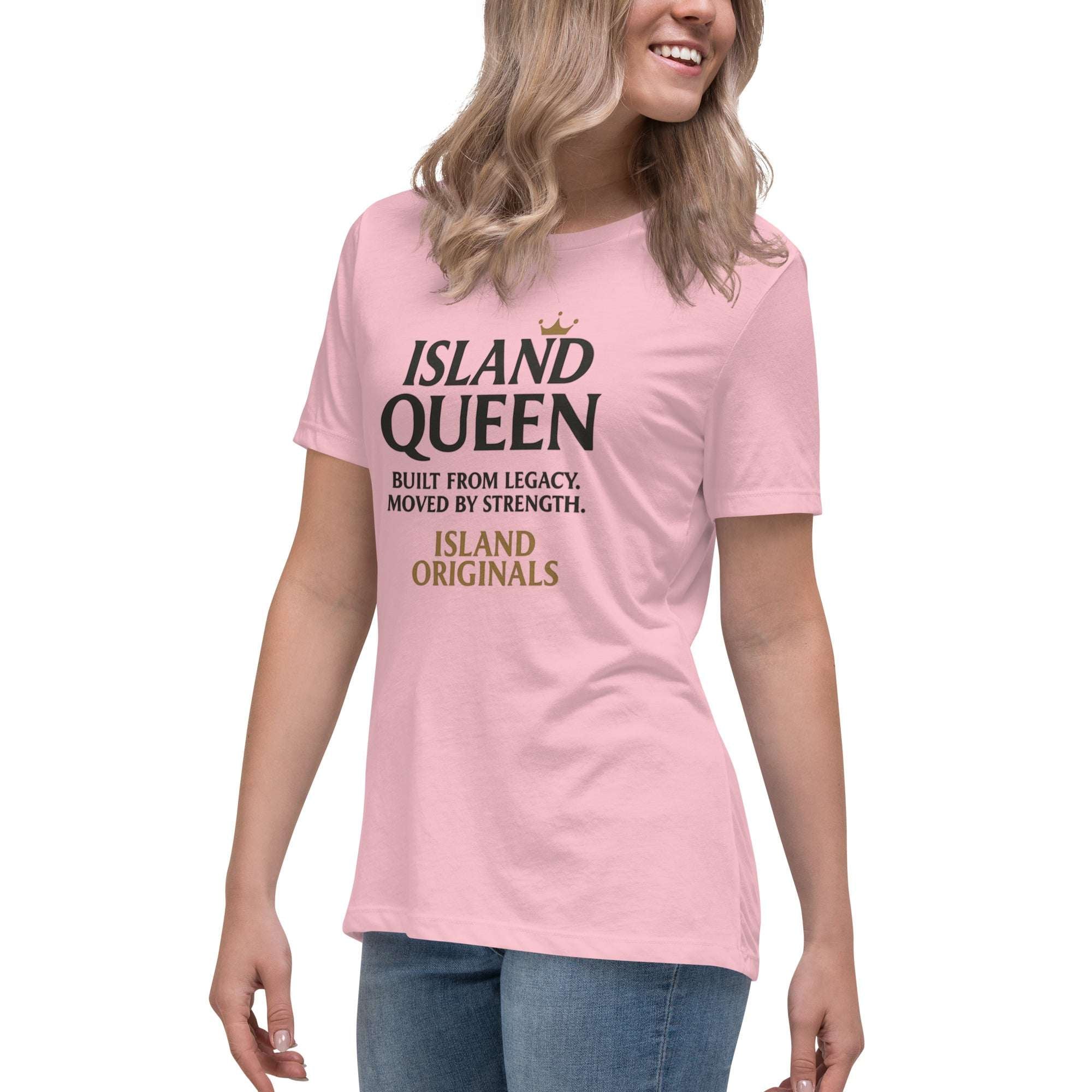 Person wearing a pink t-shirt with text design on a white background