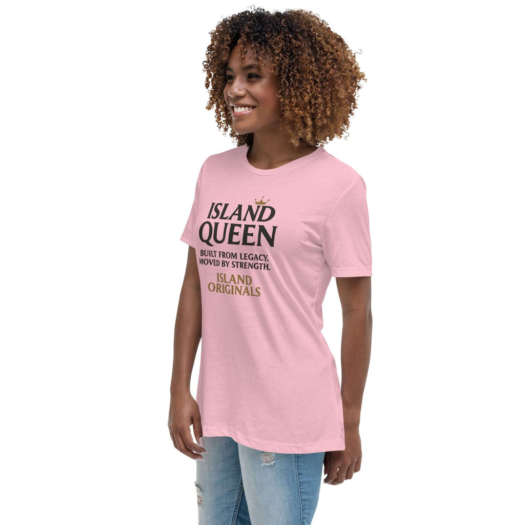 Woman wearing a pink t-shirt with 'Island Queen' text on a white background