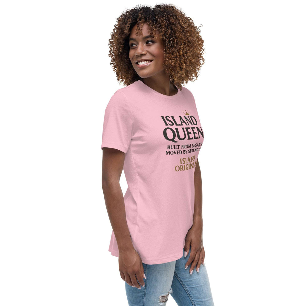 Woman wearing a pink t-shirt with text, standing against a white background