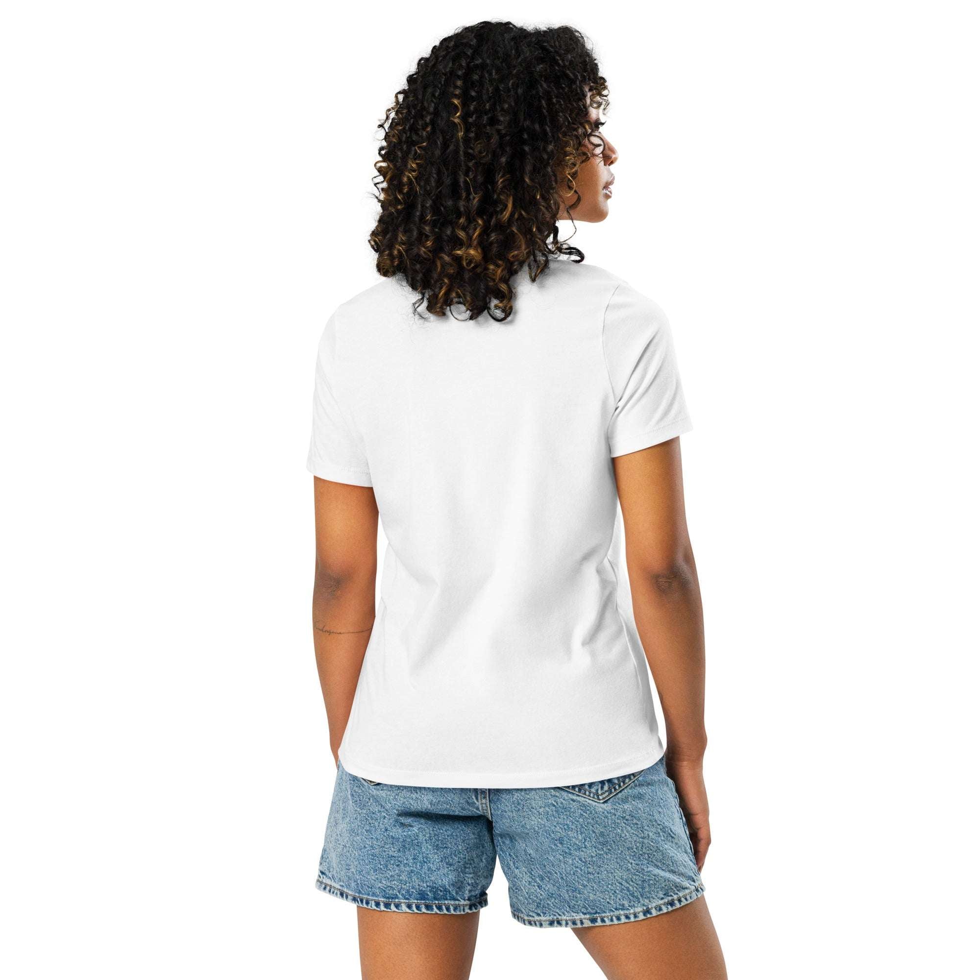Person wearing a white t-shirt and denim shorts on a white background