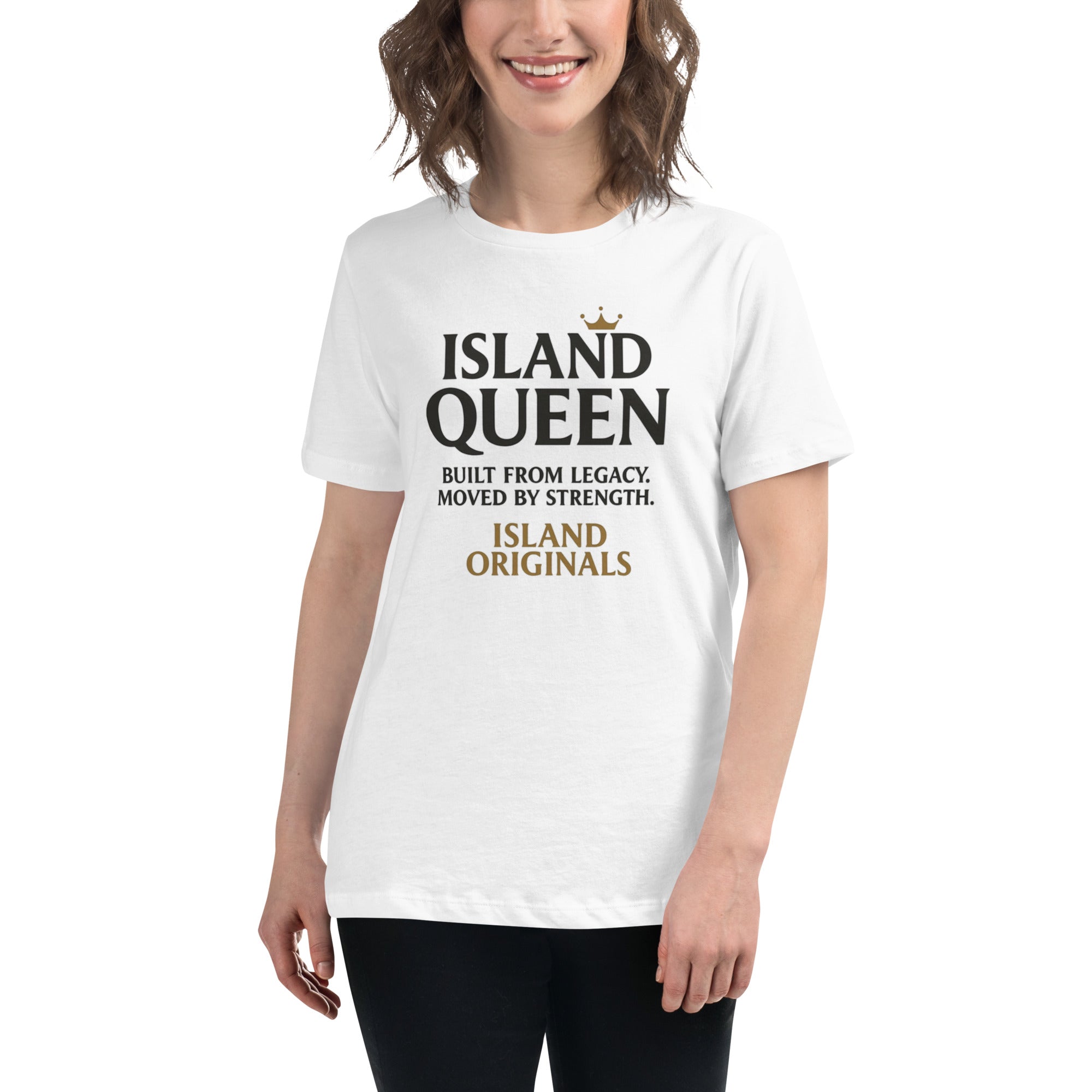 Woman wearing a white t-shirt with 'Island Queen' text design.