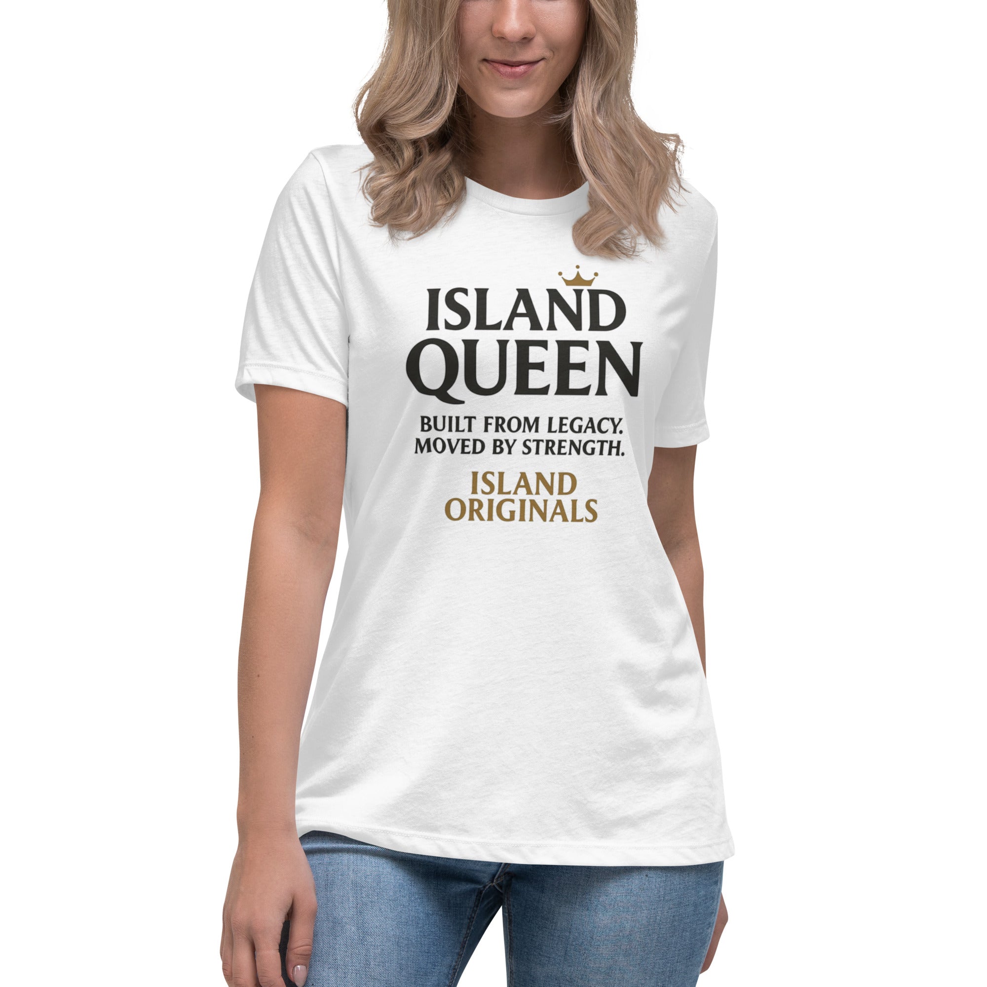 Woman wearing a white t-shirt with 'Island Queen' text design.