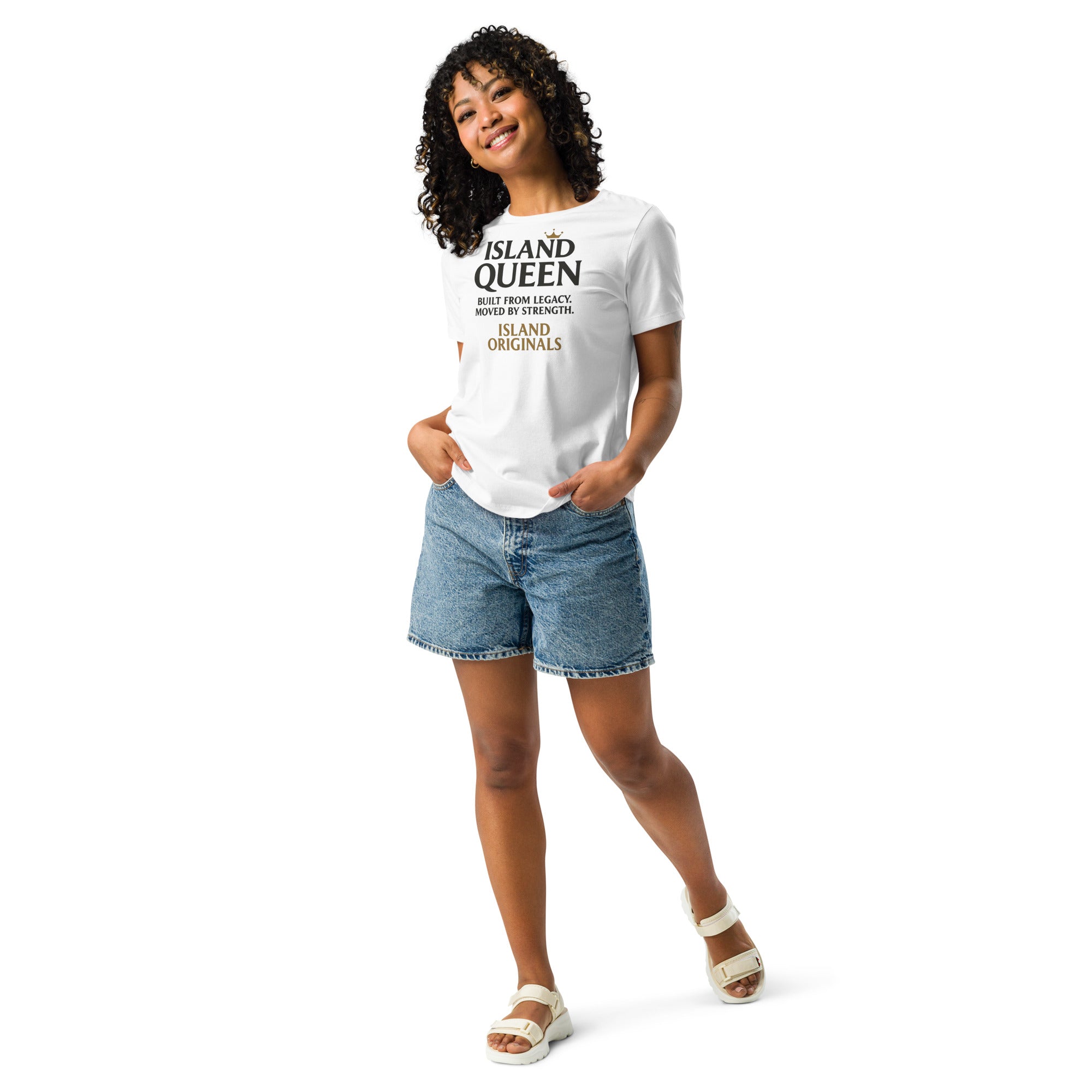 Woman wearing a white t-shirt with text and denim shorts on a white background