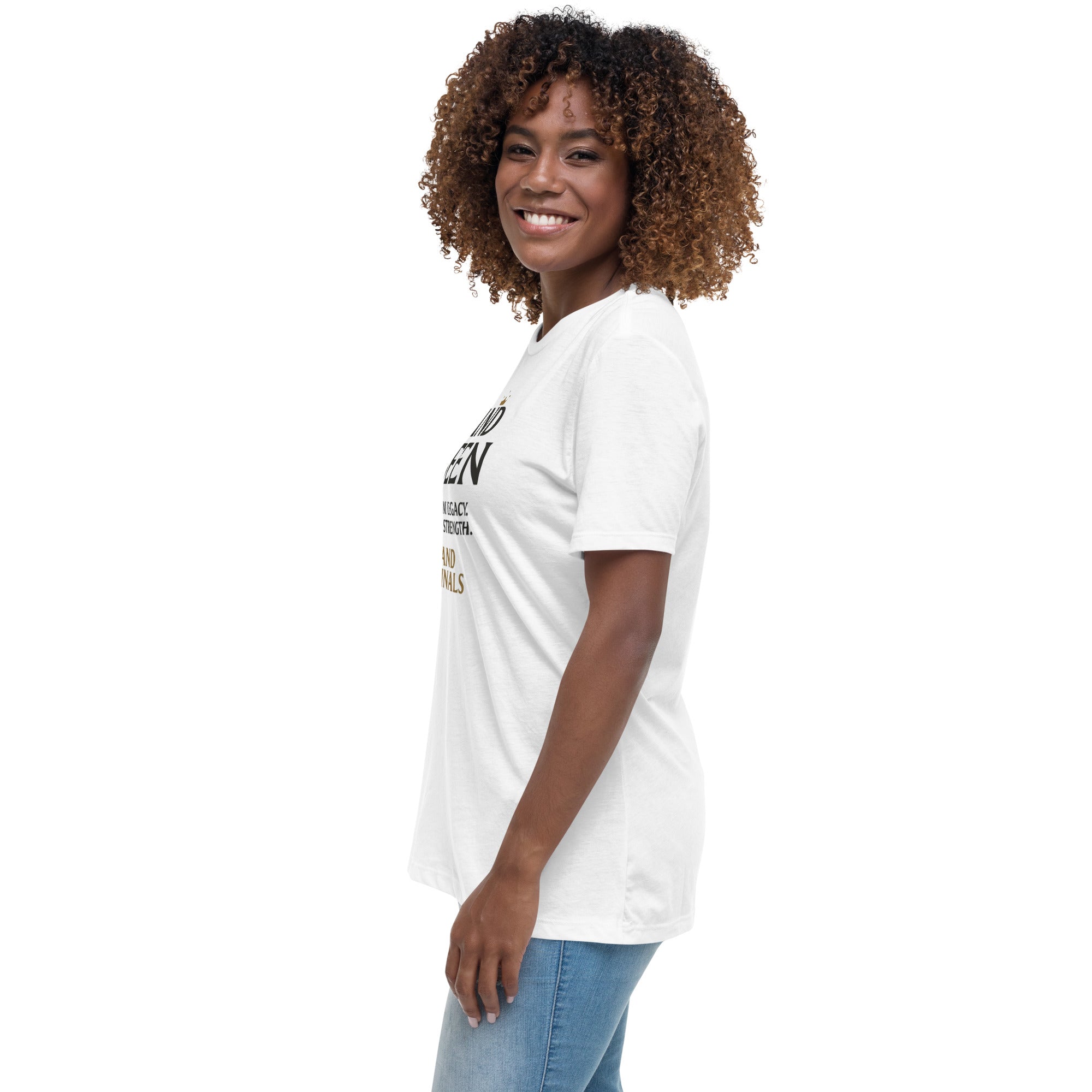 Woman wearing a white t-shirt with text and graphics on a white background