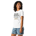 Woman wearing a white t-shirt with 'Island Queen' text, standing against a white background