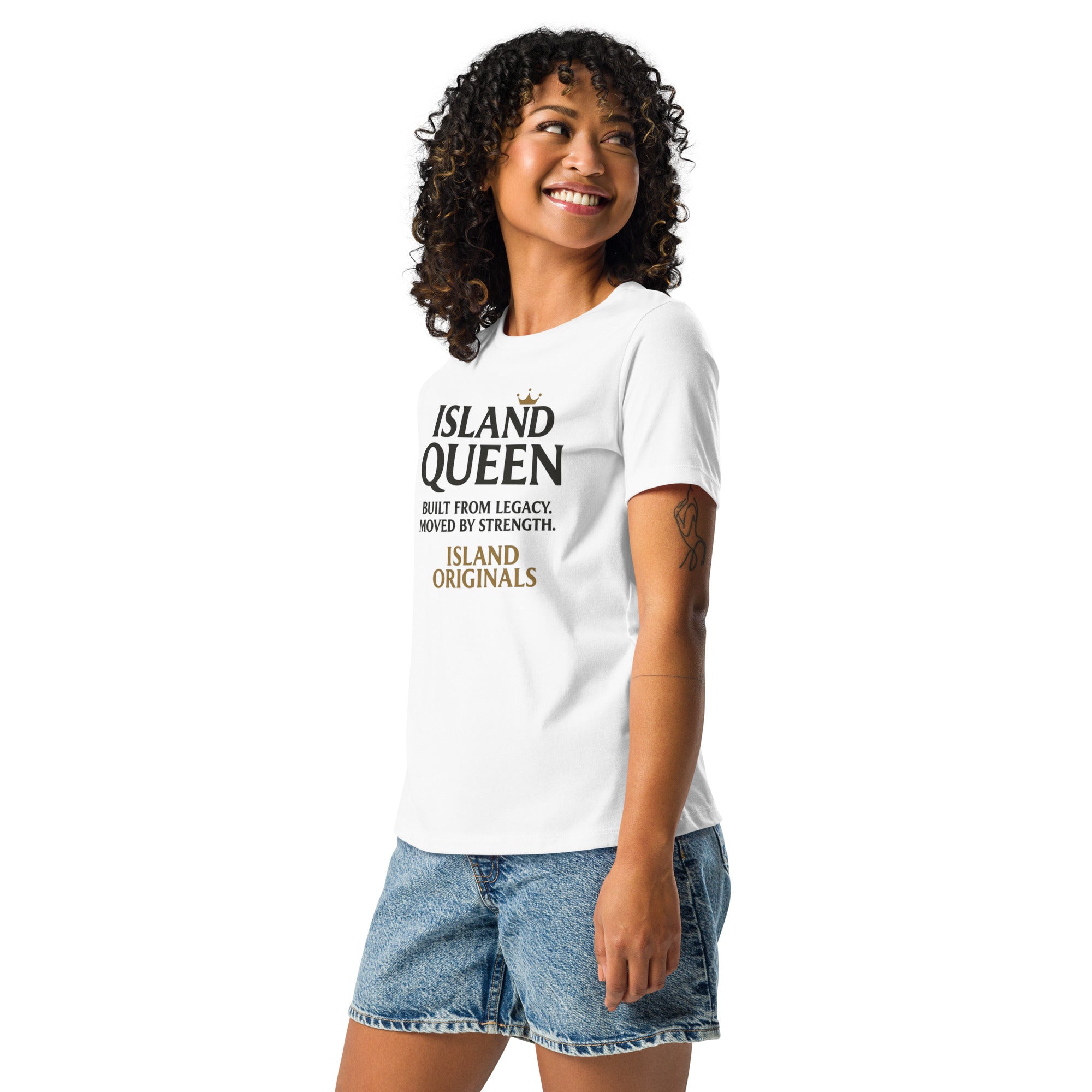 Woman wearing a white t-shirt with 'Island Queen' text, standing against a white background